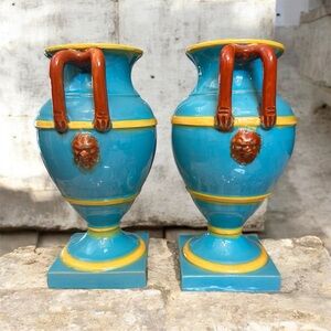 Pretty ceramic vases (2) urns Italian signed numbered lion turquoise brown